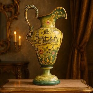 Vintage Prior-6 Hand Painted Ceramic Pitcher Vase Lamp Base Gold Accents Floral‎